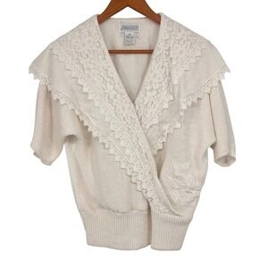 Vintage Sideffects Women's Knit Sweater Top Medium Cream Lace Trimmed Wrap Retro